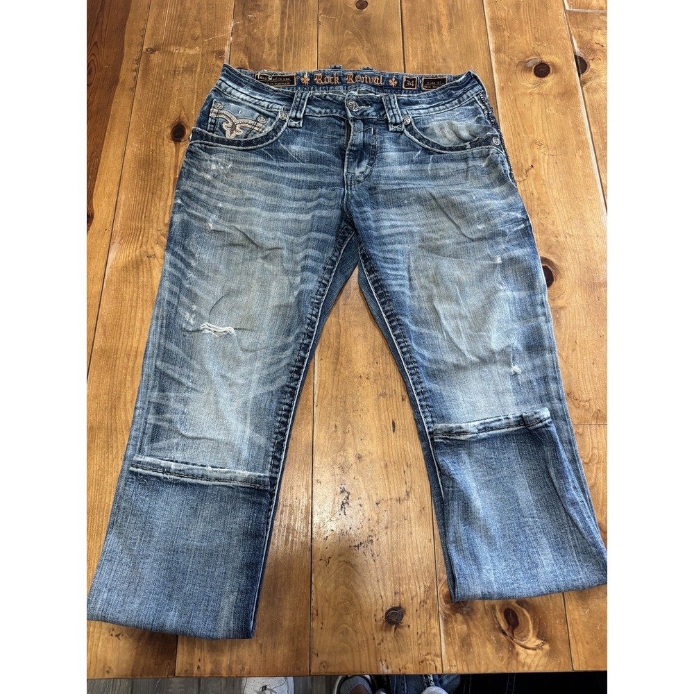 Rock Revival Men's 34 Slim Straight Jeans Blue Distressed Embroidered Faded